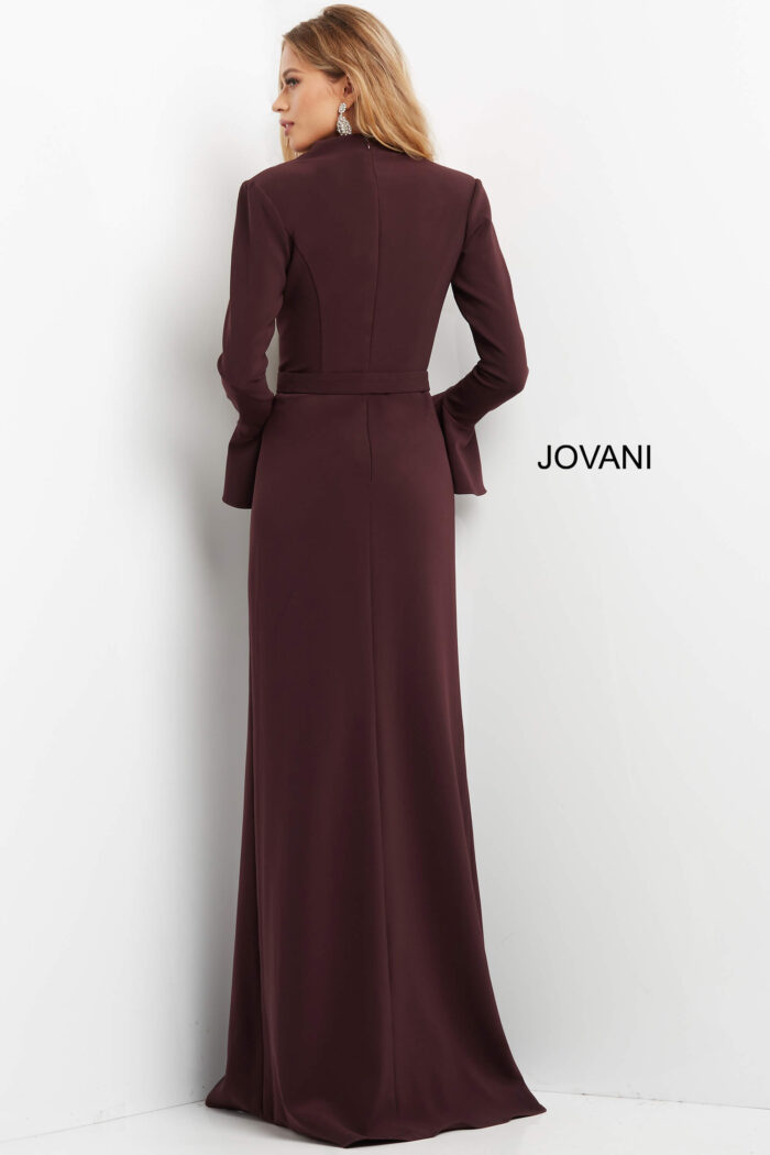 Model wearing Jovani 04965 Plum Plunging Neck Sheath Evening Gown