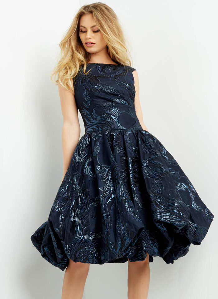 Model wearing Jovani 05016 Navy Fit and Flare Knee Length Cocktail Dress