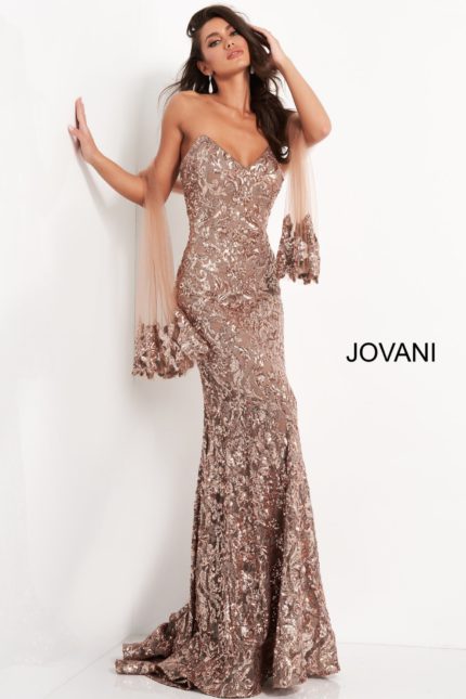 Model wearing Jovani 05054 elegant mermaid dress with sweetheart neckline and sequined details.