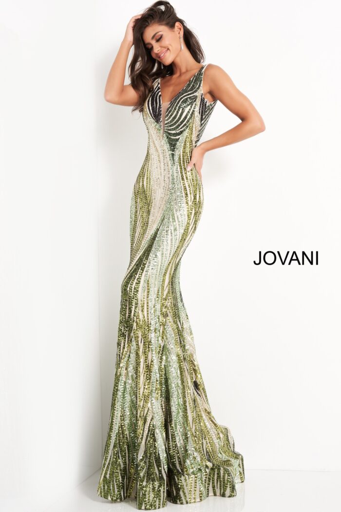 Model wearing Jovani 05103 Green Embellished Plunging Neckline Prom Dress