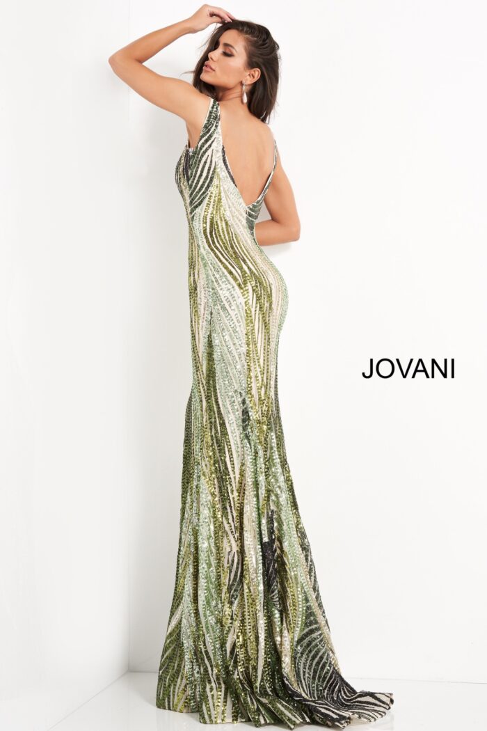 Model wearing Jovani 05103 Green Embellished Plunging Neckline Prom Dress