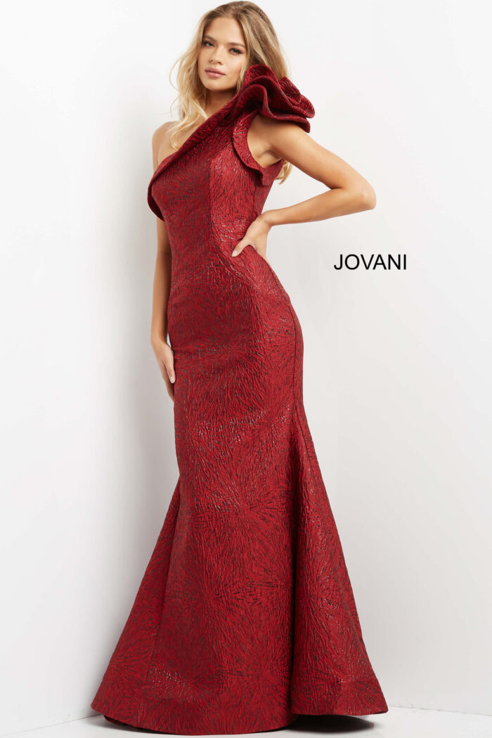Model wearing Jovani 05176 Burgundy One Shoulder Mermaid Evening Gown
