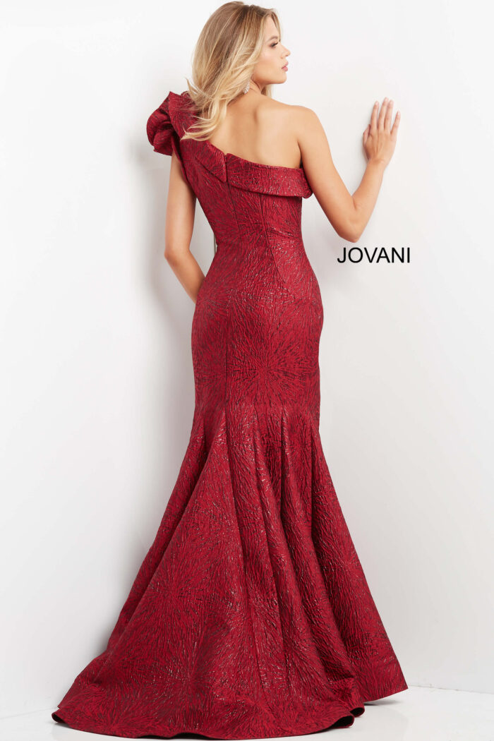 Model wearing Jovani 05176 Burgundy One Shoulder Mermaid Evening Gown