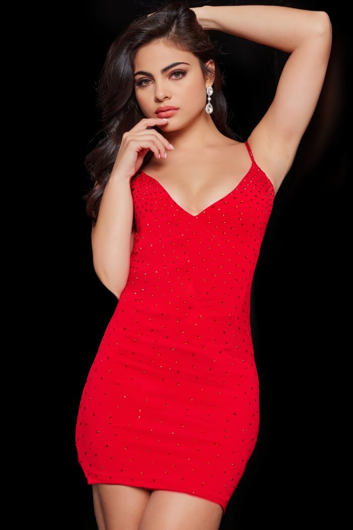 Model wearing Jovani 05513 Red Embellished Fitted Homecoming Dress