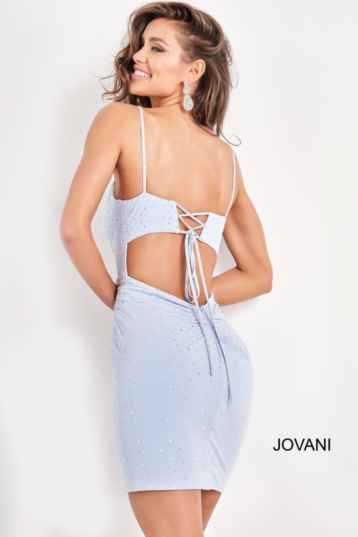 Model wearing Jovani 05513 Fitted Spaghetti Strap Homecoming Dress