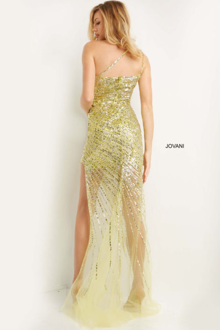 Back view of model wearing Jovani 05647 green asymmetric dress with sequins