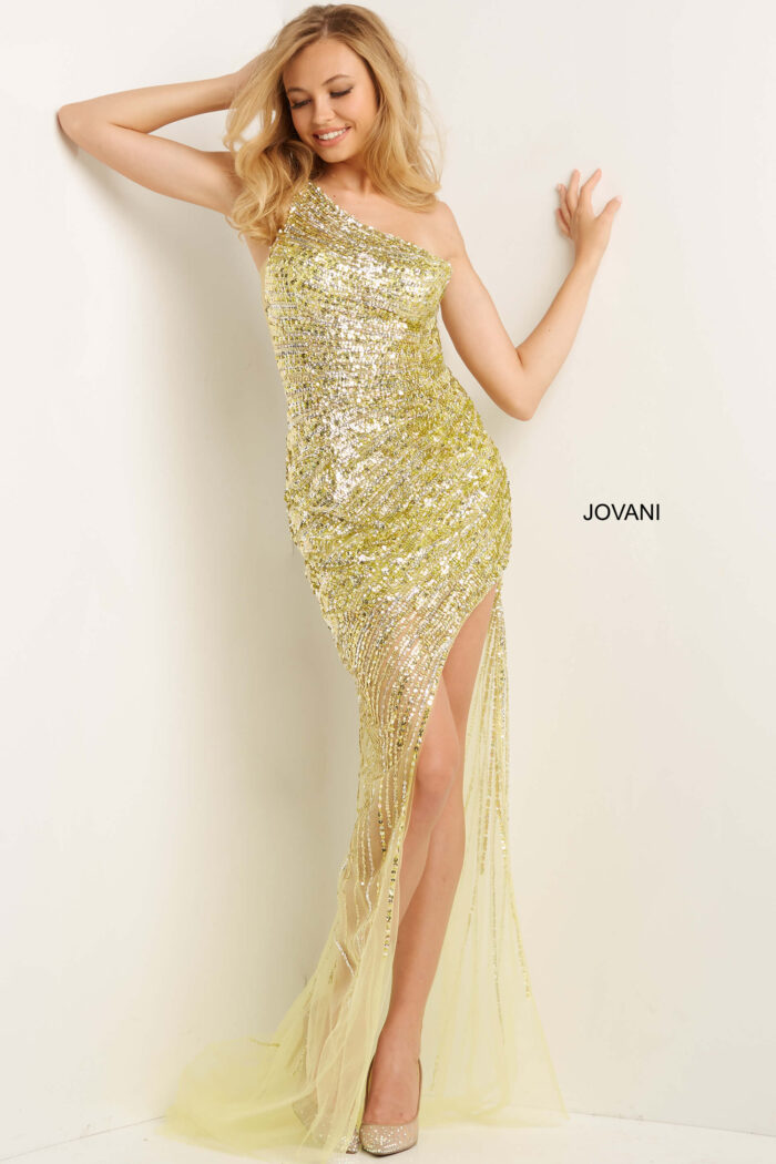 Model wearing Jovani 05647 Embellished One Shoulder Prom Dress