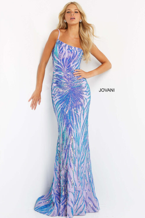 Model wearing Jovani 05664 One Shoulder Sequin Sheath Gown