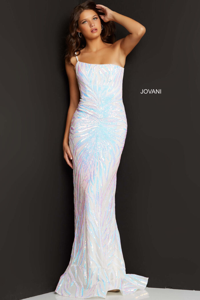 Model wearing Jovani 05664 One Shoulder Sequin Sheath Gown
