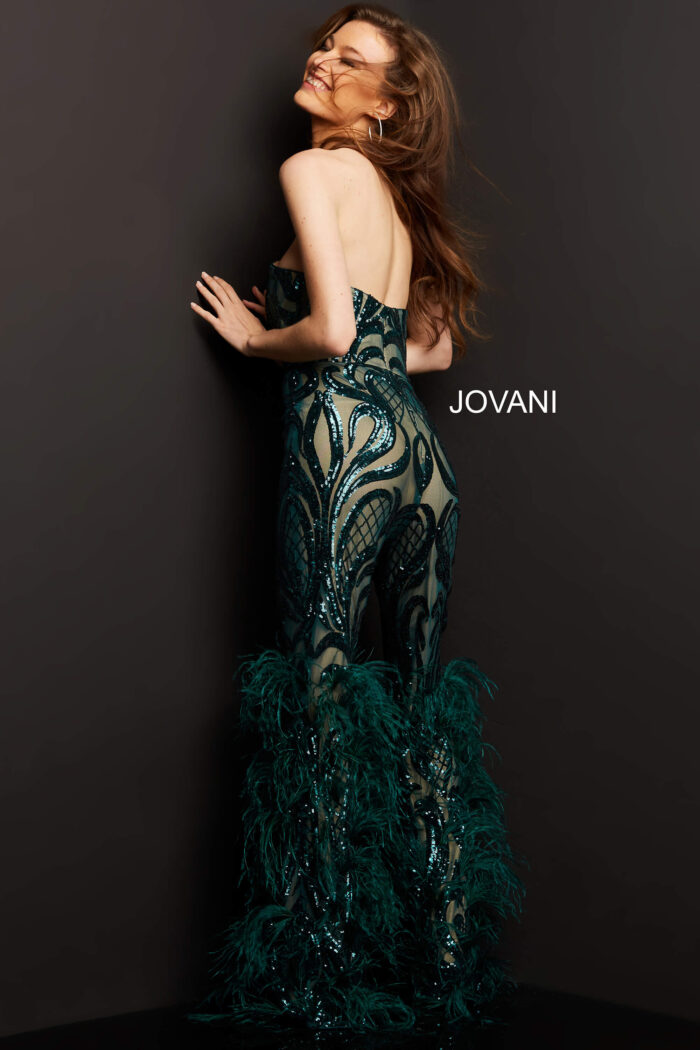 Model wearing Jovani 05669 Embellished Sweetheart Neck Jumpsuit