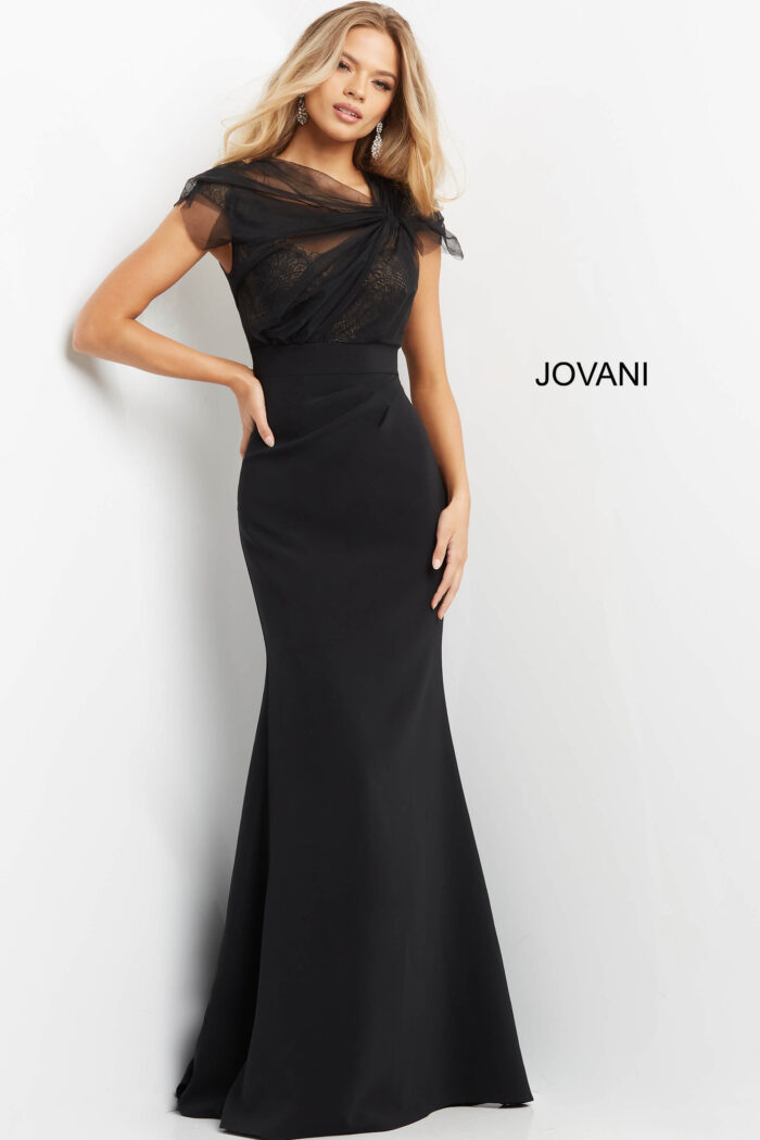 Model wearing Jovani 05675 Black Ruched Bodice Empire Waist Evening Dress