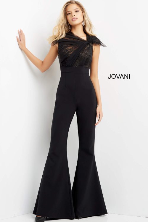 Jovani 05676 Black High Waist Cap Sleeve Jumpsuit