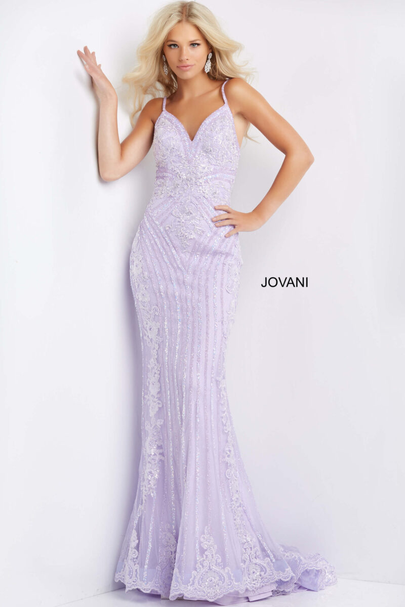 Jovani 05752 Lilac Spaghetti Strap V Neck Dress - Jovani