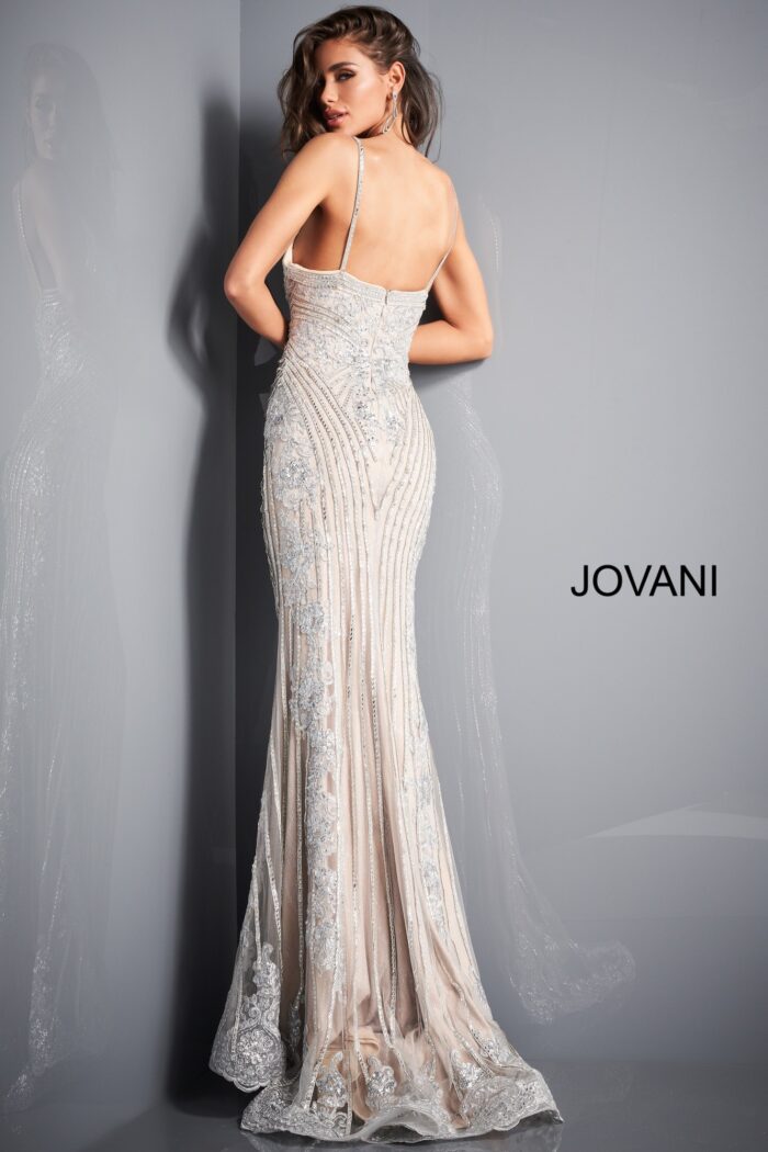 Model wearing Jovani 05752 Lilac Spaghetti Strap V Neck Dress