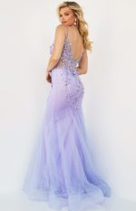 Elegant back view of Jovani 05839 model in periwinkle mermaid gown.