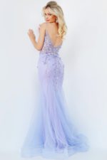 Model showcasing Jovani 05839 back view elegant mermaid gown in periwinkle.