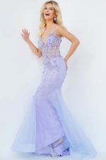 Front view of Jovani 05839 model in detailed mermaid gown in periwinkle.