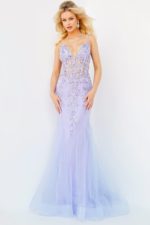 Model in Jovani 05839 full length mermaid gown in periwinkle front view.