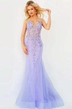 Full-length front view of Jovani 05839 worn by model in periwinkle.