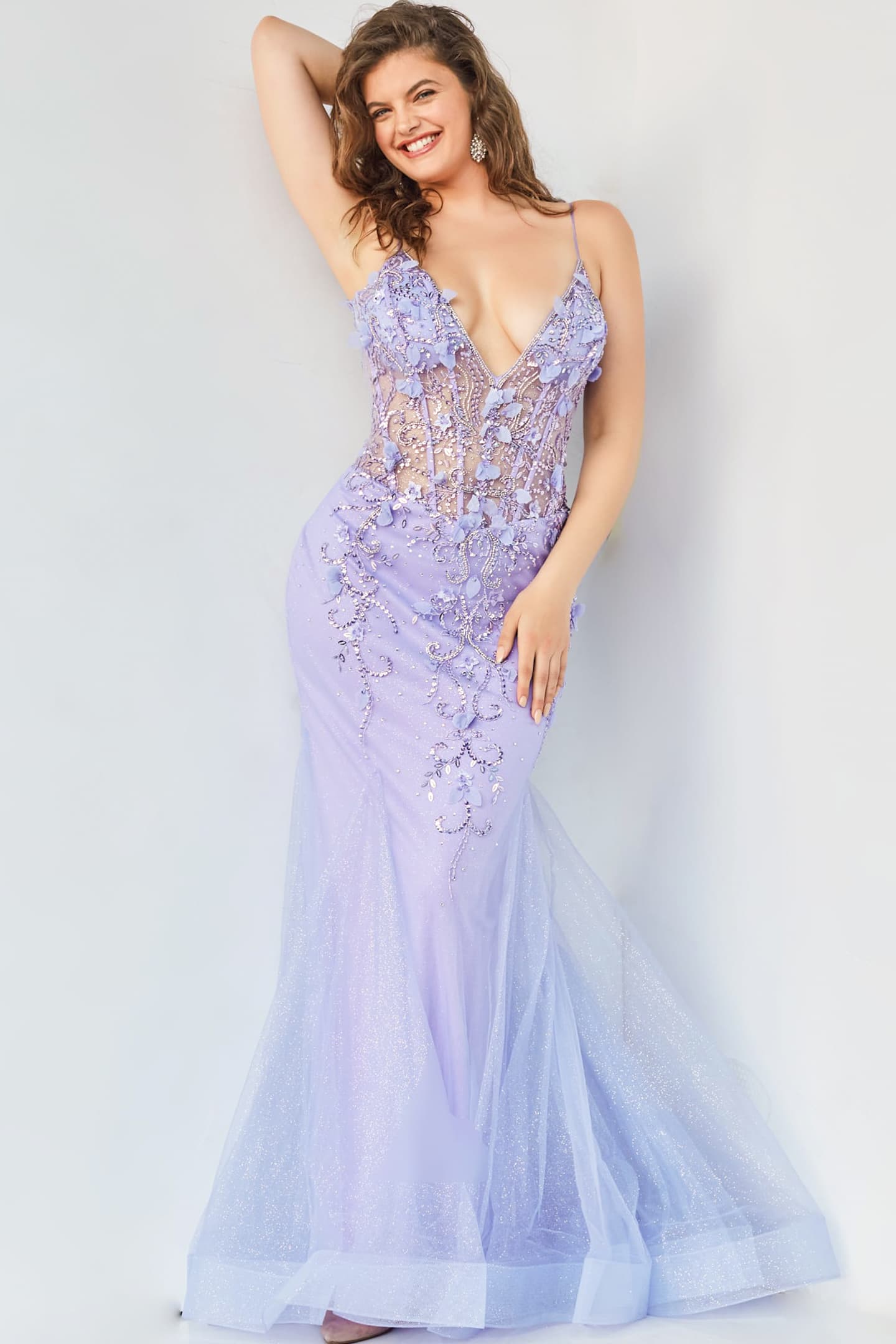 Jovani 05839 Perriwinkle Floral Mermaid Plus Size Prom Dress