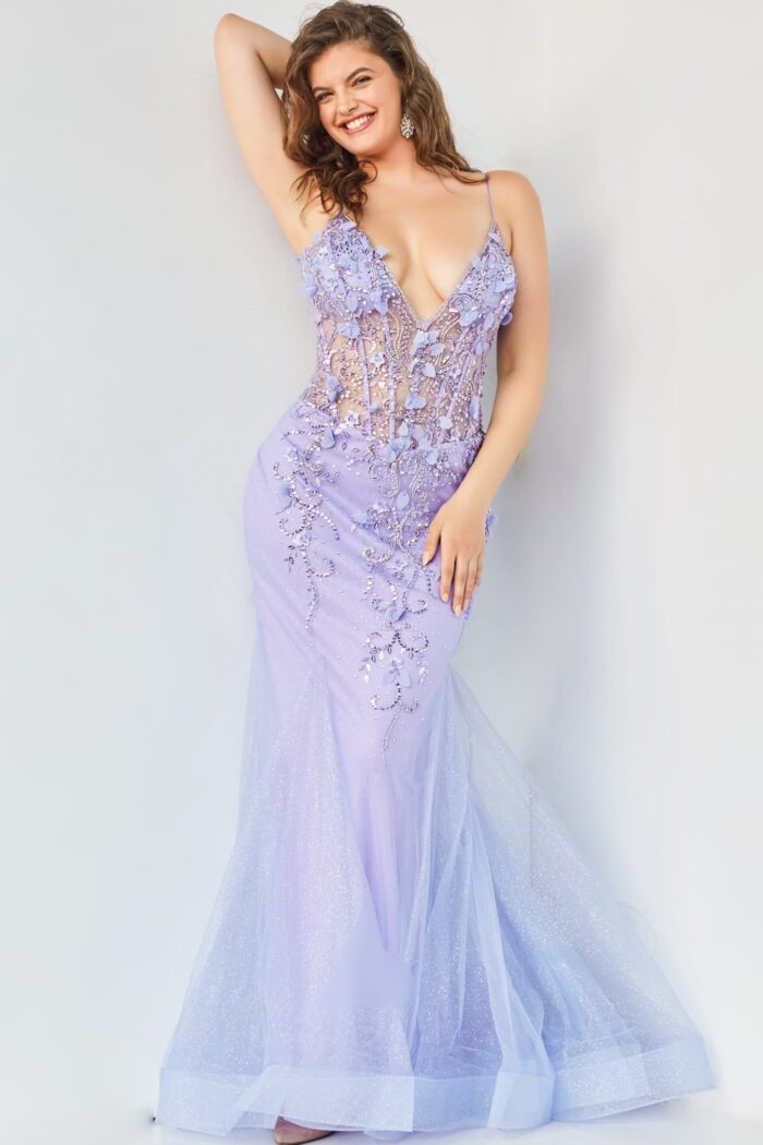 Model wearing Jovani 05839 perri Plunging Neck Mermaid Prom Dress