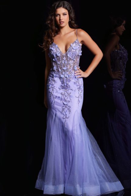 Model wearing Jovani 05839 front view detailed mermaid silhouette gown in periwinkle.