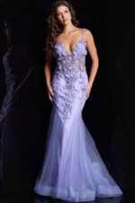 Elegant back presentation of Jovani 05839 on model in periwinkle.