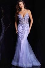 Back view display of Jovani 05839 model in periwinkle gown.