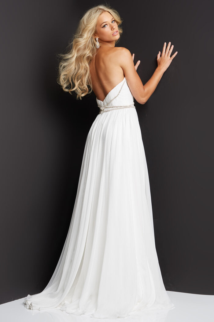 Model wearing Jovani 05971 Gorgeous Off White Chiffon Strapless Prom Dress