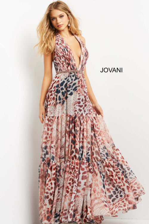 Model wearing Jovani 06088 Animal Print Plunging Neck Chiffon Evening Dress