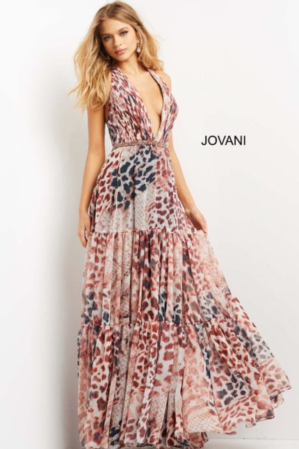 Model wearing Jovani 06088 dress with animal print and plunging V-neckline.