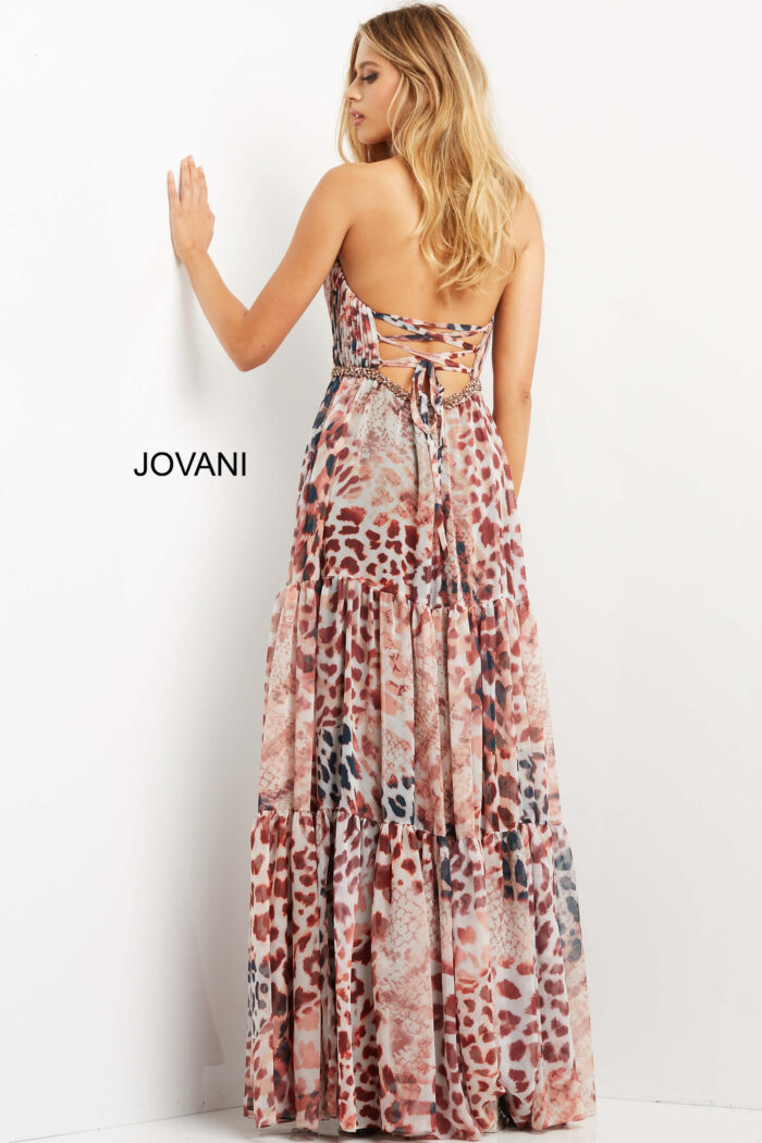 Model wearing Jovani 06088 Animal Print Plunging Neck Chiffon Evening Dress