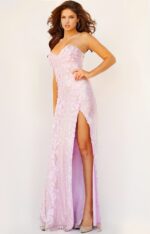 model wearing 06109 ice pink gown showing high slit and fitted design