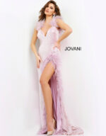 Model showcasing Jovani 06164 lilac dress with deep V-neck and feather accents.