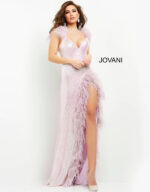 Front view of model in Jovani 06164 lilac gown with sequins and feathers.