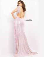 Back view of Jovani 06164 lilac gown with an open back design on model.