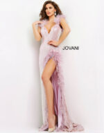 Model in Jovani 06164 lilac dress featuring sequin embellishments and feather details.