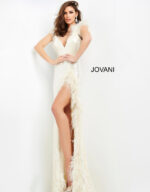 Model wearing Jovani 06164 beige gown with deep V-neckline and high slit.