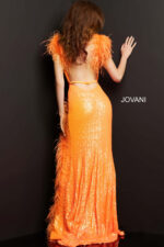 Back view of Jovani 06164 orange dress with open back and sequin design.