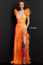 Jovani 06164 orange dress on model with feather shoulder details and high slit.