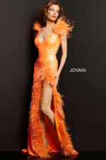 Model in stunning Jovani 06164 orange gown with sequins and feather trim.