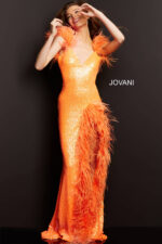 Front view of Jovani 06164 orange dress with feather embellishments, on model.