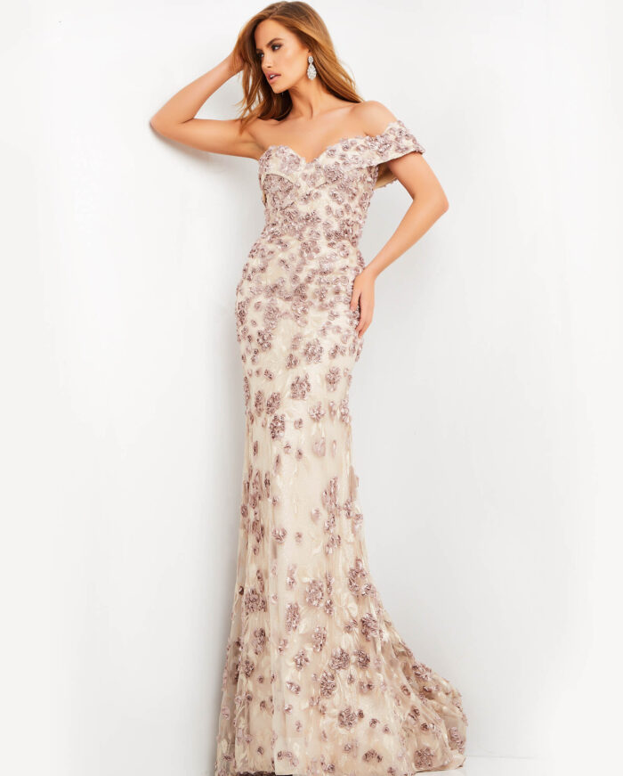 Model wearing Jovani 06169 Latte Sweetheart Neck Evening Dress