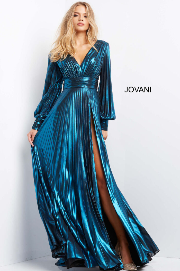 Model wearing Jovani 06221 Teal Metallic High Slit V Neck Evening Dress