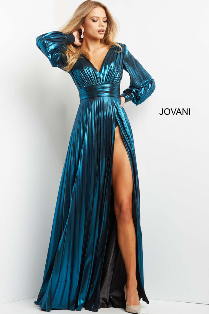 Model wearing Jovani 06221 Teal Metallic High Slit V Neck Evening Dress