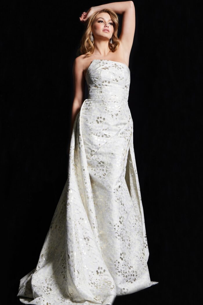 Model wearing Strapless Asymmetric Neckline Evening Column Gown 06255