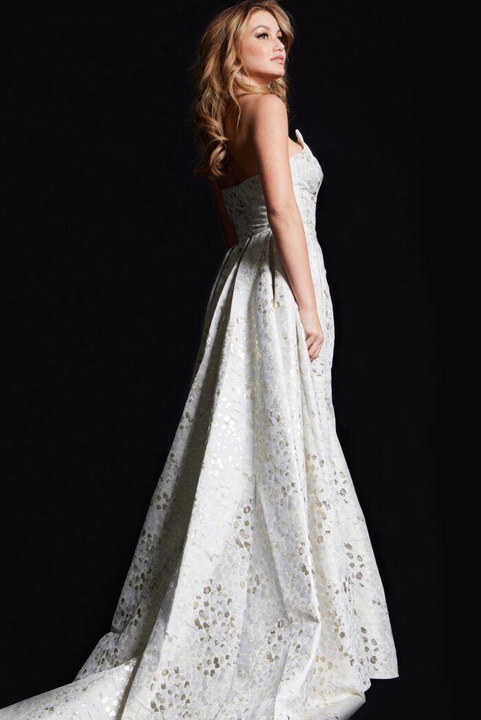 Model wearing Strapless Asymmetric Neckline Evening Column Gown 06255