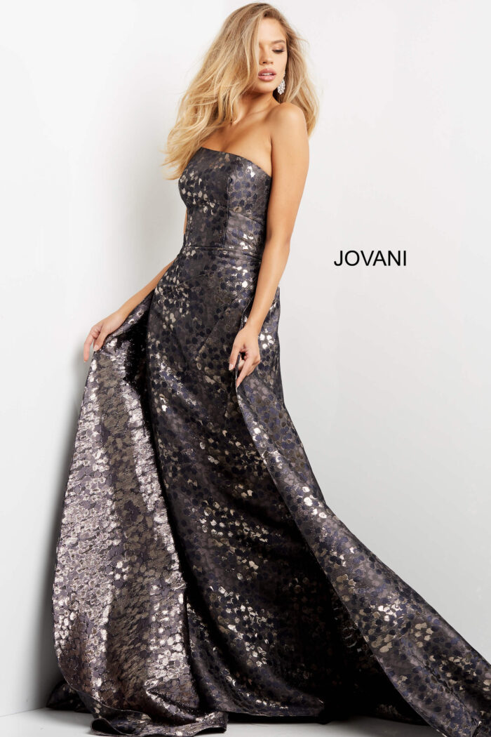 Model wearing Jovani 06255 Grey Brown Strapless Fitted Evening Dress