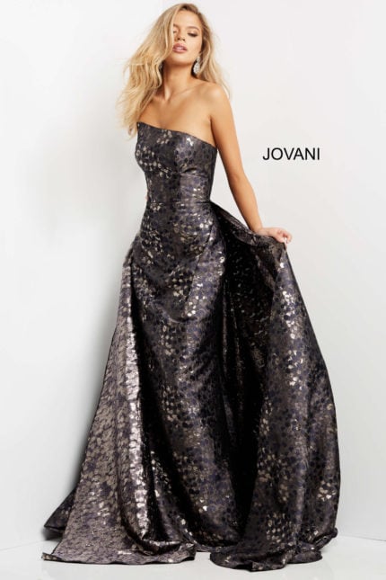 Model wearing Jovani 06255 gray gown with sweetheart neckline and A-line silhouette from the front.