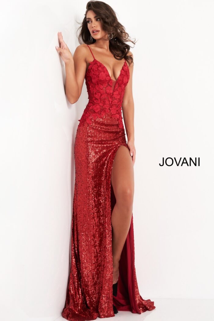 Model wearing Jovani 06426 Blue Floral Appliques High Slit Dress